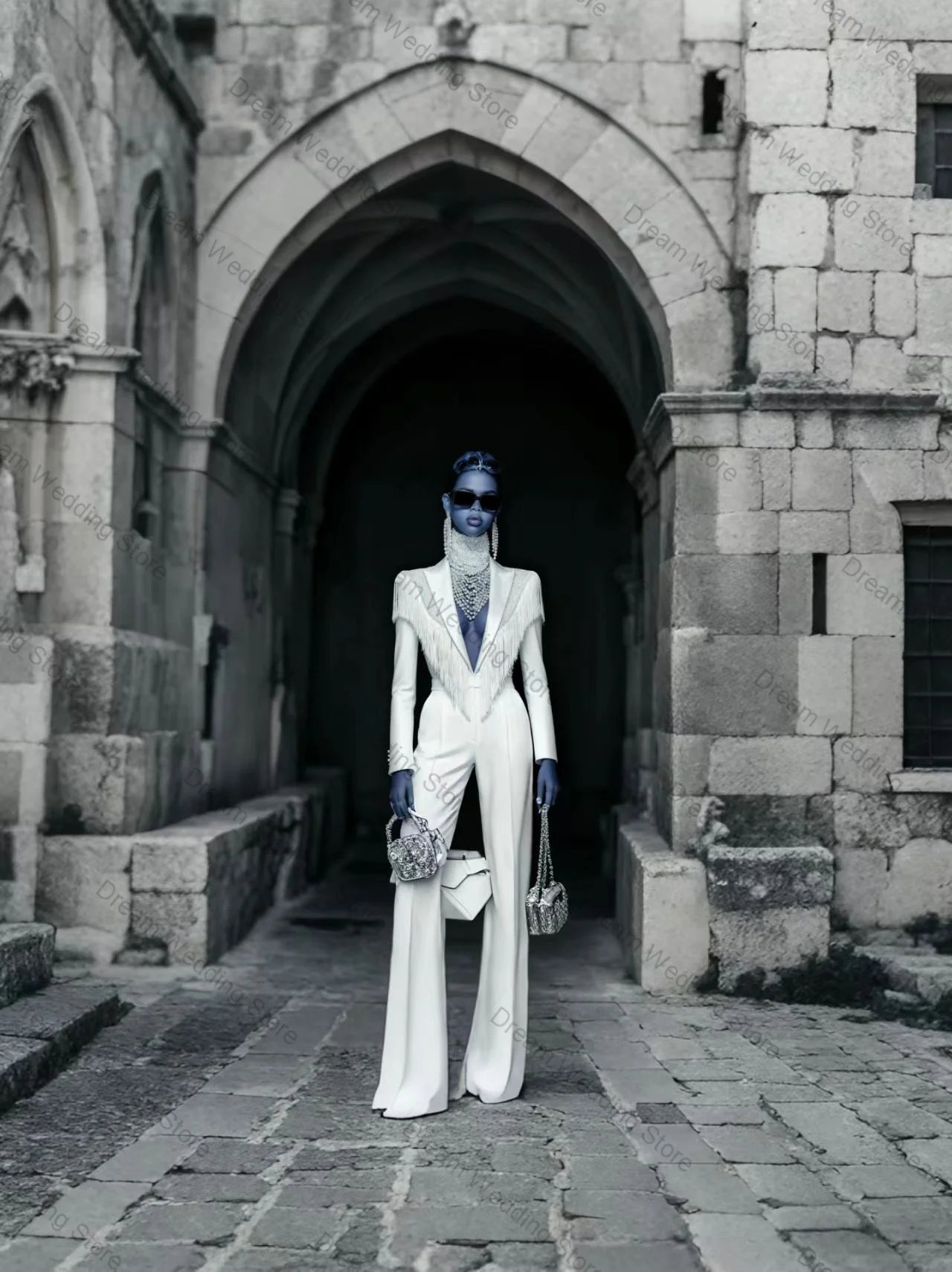 

White Tassel Women Suit Set 2 Pcs Crystals Blazer+Pants Cotton Formal Office Lady Jacket Customized Guest Wedding Guest Coat