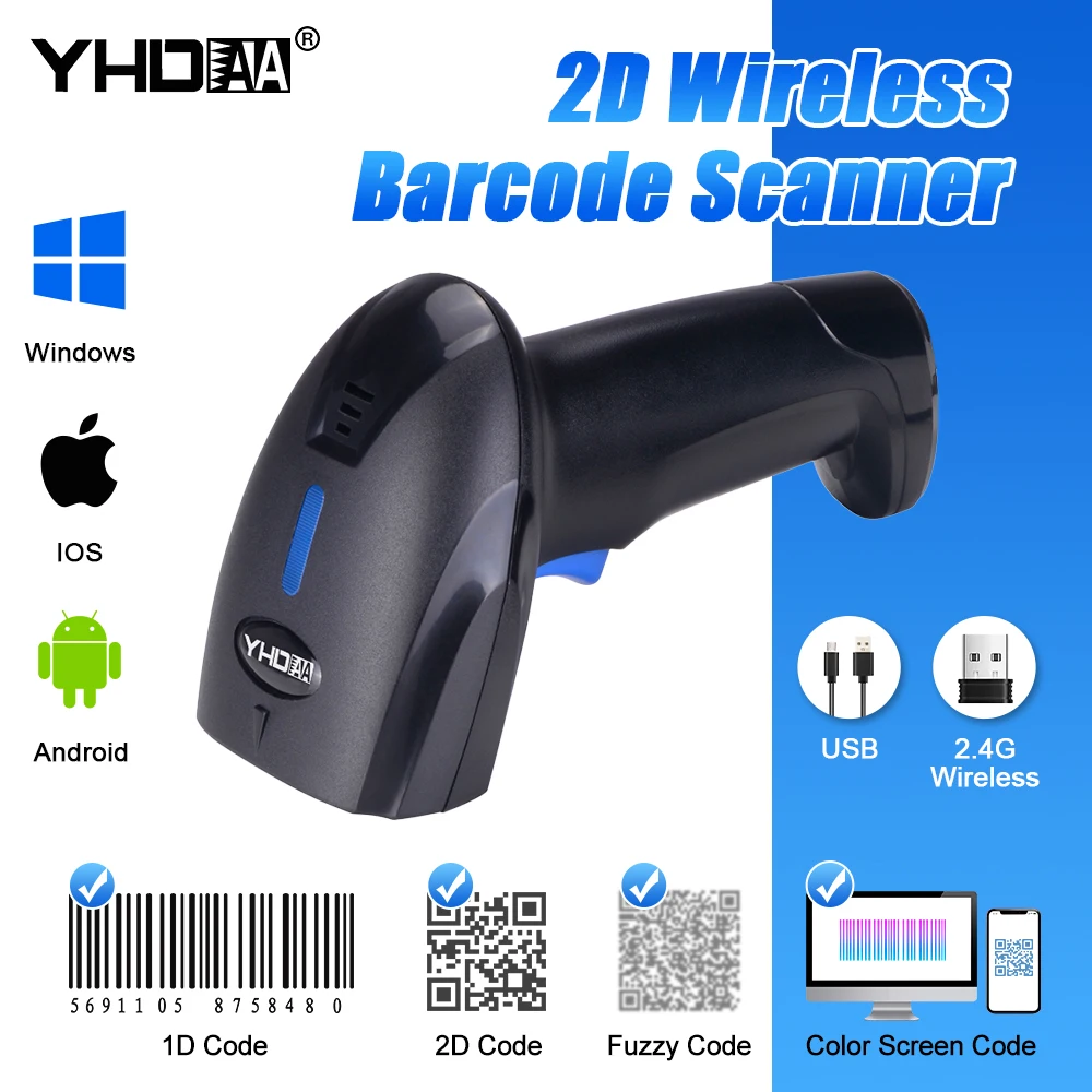 

Беспроводной 2D сканер штрих-кода 1100DW 1D считыватель штрих-кода QR 2,4G USB 2-в-1 для склада аптеки и библиотеки