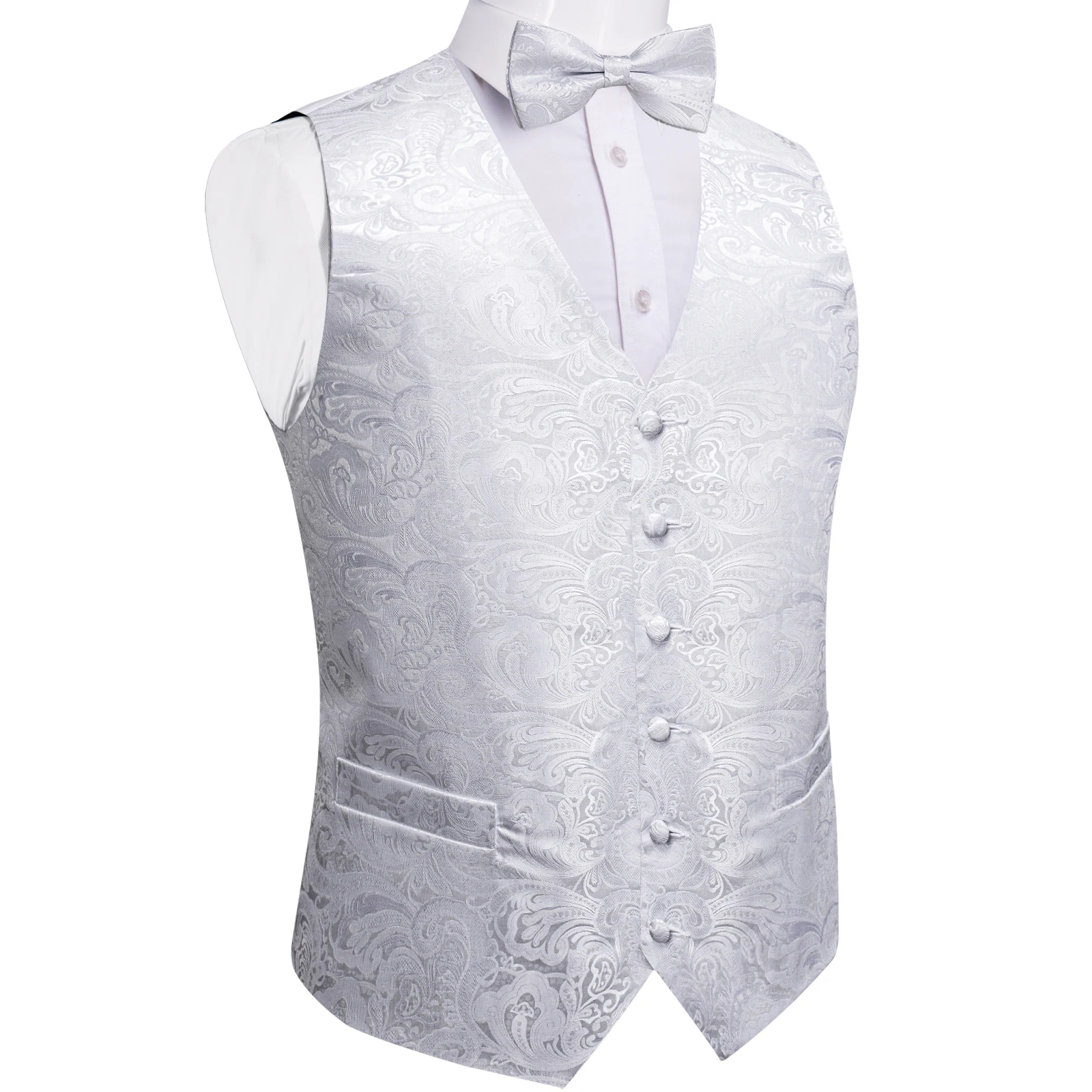 Brand New Solid White Vest for Man Wedding chaleco hombre Pure Mens Waistcoat Bowtie Set Handkerchief Cufflinks Male Accessories