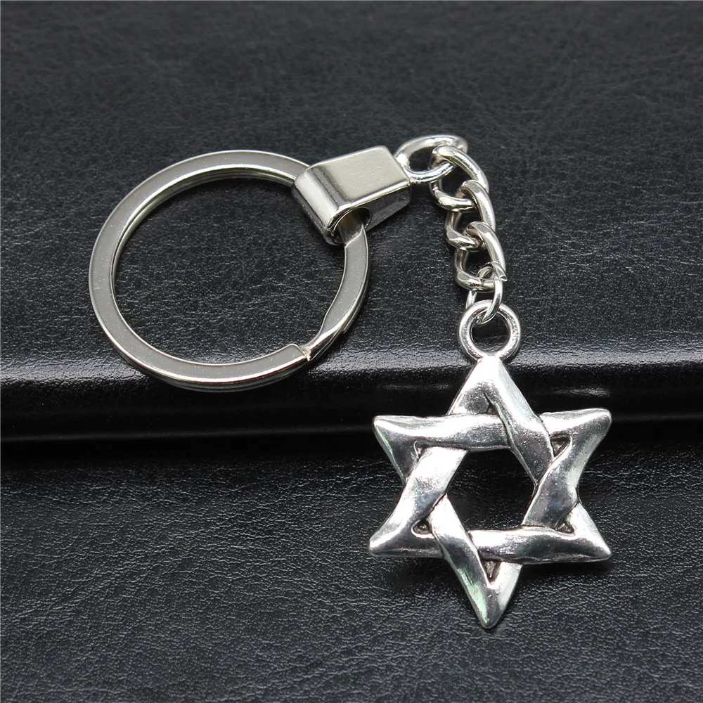 Souvenirs Gift DIY Metal Keychain Holder Antique Silver Color 25x34mm Star of David Pendant Keyring