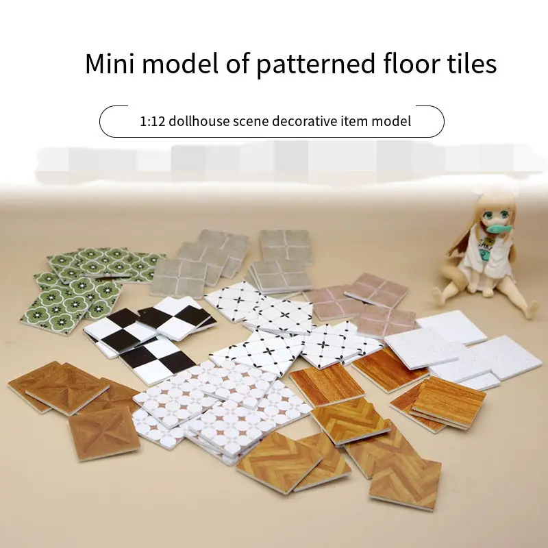 30pcs 1:12 ScaleDollhouse Mini Patterned Floor Tiles,French Vintage Floral&Wood GrainTile Set,Miniature Scene Decor for Kitchen