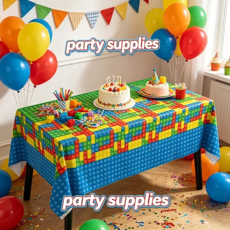 Building Block Brick Style Tablecloth Stylish Cartoon Figures Birthday Party Gamer Decor Disposable Table Cover Gift Supply Kit - view 5