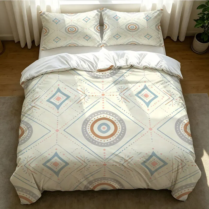 2/3Pcs Microfiber Duvet Cover Set,Ultra-Soft,Breathable,Skin-Friendly,Durable,Geometric Circles Diamonds Print,Bedroom Decor