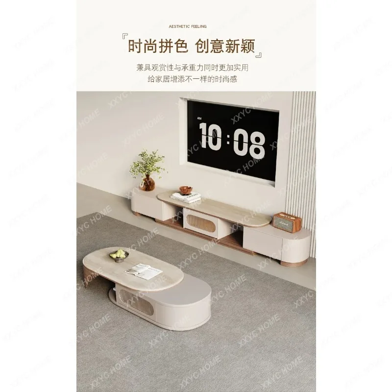 HHNew travertine cream wind retractable solid wood coffee table TV cabinet combination  TF