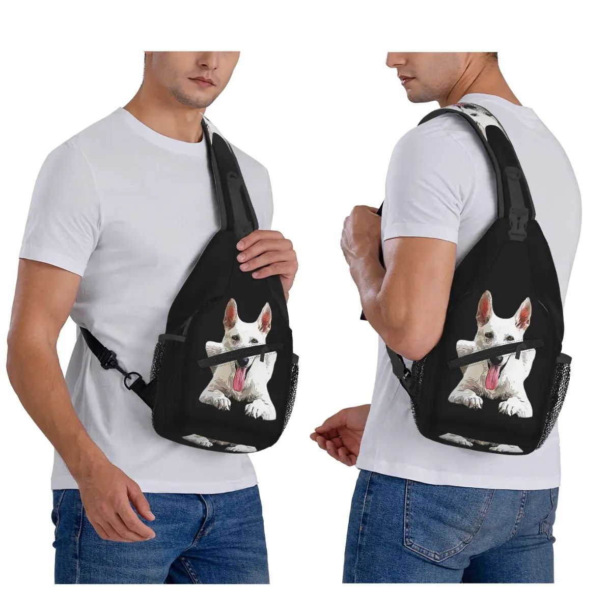 White Swiss Shepherd White German Shepherd Chest Bag Men Sling Crossbody Backpack Chest Bag Travel Hiking Daypack Shoulder Bag