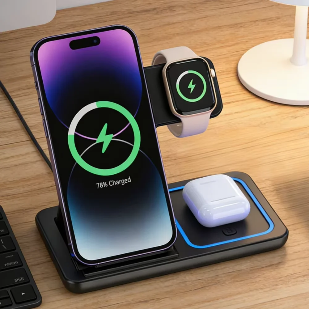 15W LED Fast Wireless Charger Stand 3 in 1 Foldable Charging Station For iPhone 17-11 Apple Watch 9 8 76 5 Airpods Pro