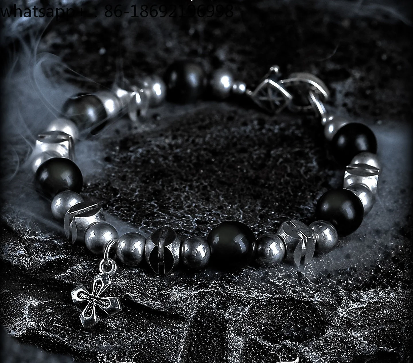 [Dark Chapter] Obsidian Bracelet Men's Retro Niche Design Cross Bracelet Beads