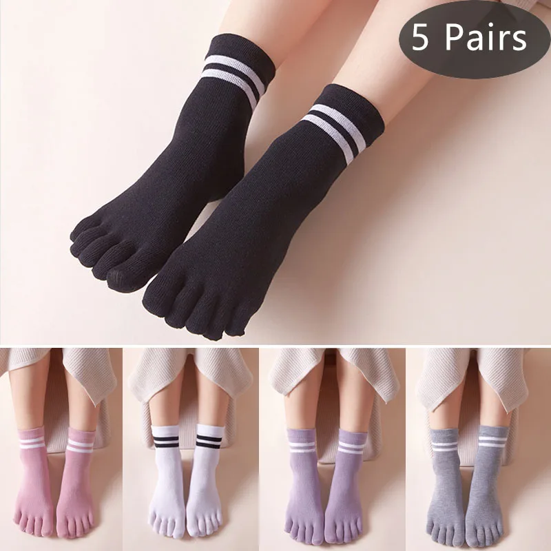 1/5 Pairs Toes Short Socks Woman Girl Cotton Striped Solid Breathable Soft Elastic Invisible Socks 5 Finger Socks Harajuku