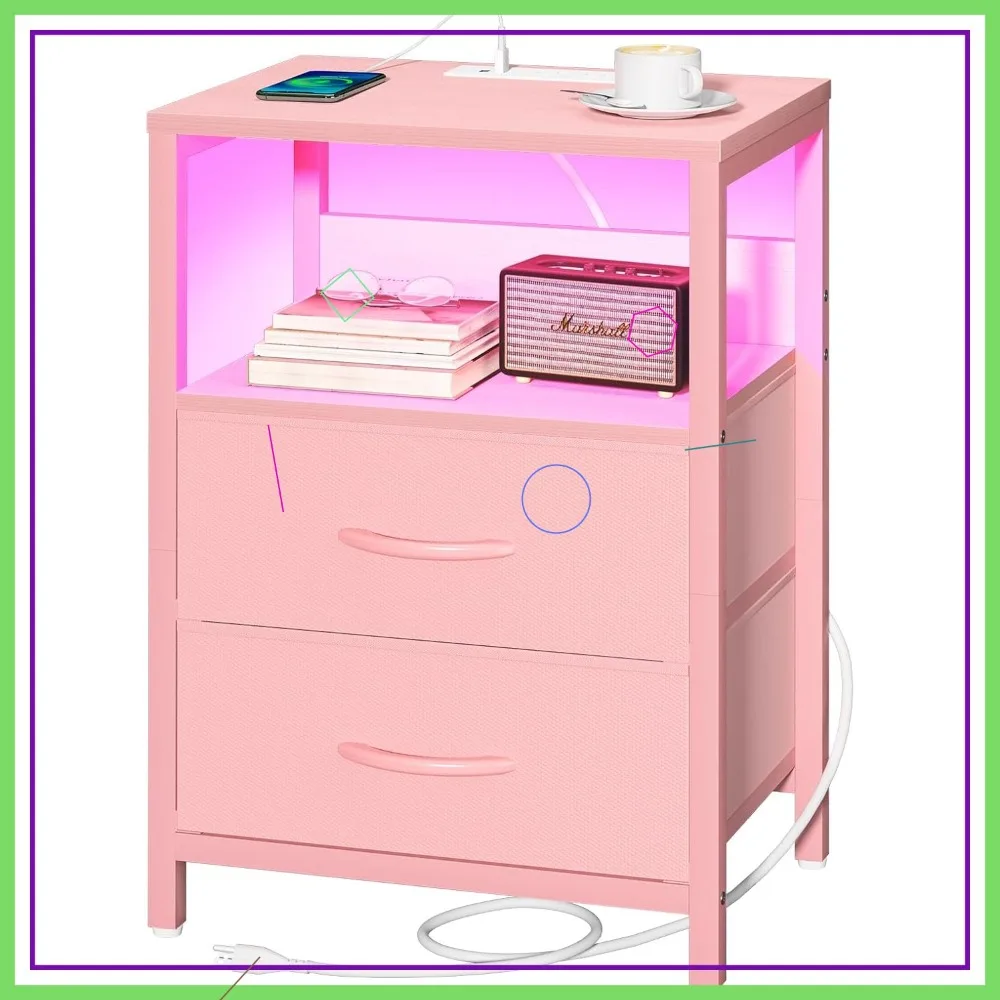 

Прикроватная тумбочка с зарядной станцией, LED-подсветкой, тканевыми ящиками и USB-портами для спальни