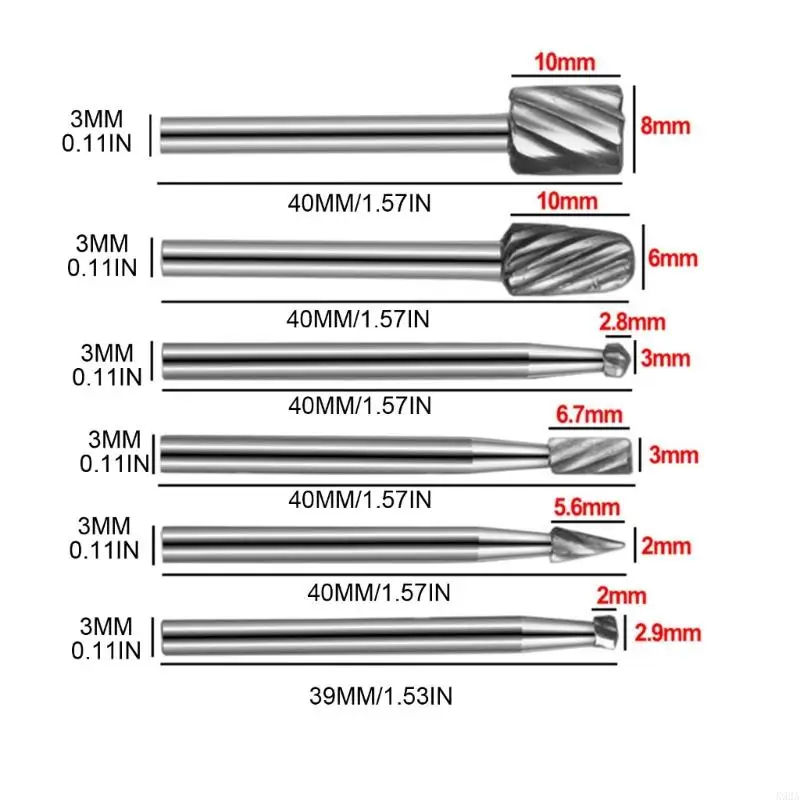 K92A 6x Carbides Rotary Burrs 3mm Shank Grinder Bit Solid Carbides Rotary Burr File