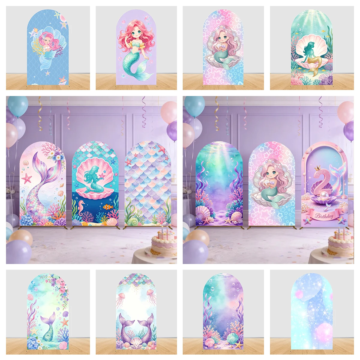 Mermaid Theme Arched Backdrop Cover Underwater World Fish Tail Coral Girls Princess Birthday Party Decor Photographic Background