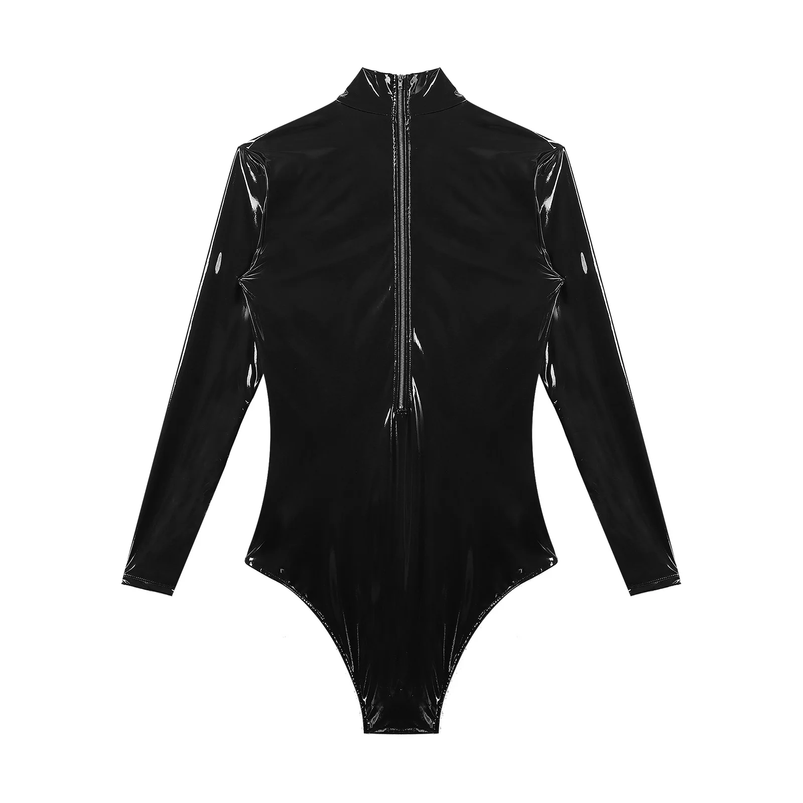 Mens Faux Leather Long Sleeve Double Zipper Leotard Latex Bodysuit One Piece Wet Look Buttons Crotch Jumpsuit Bodycon Clubwear