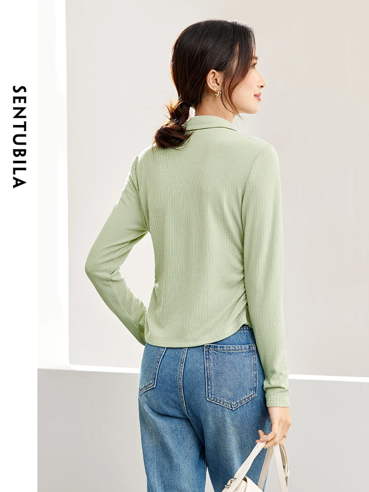 SENTUBILA-suéter de punto con cuello en V para mujer, jerséis con abertura, prendas de punto suaves para mujer, ropa verde para mujer, 141B53523, 2024