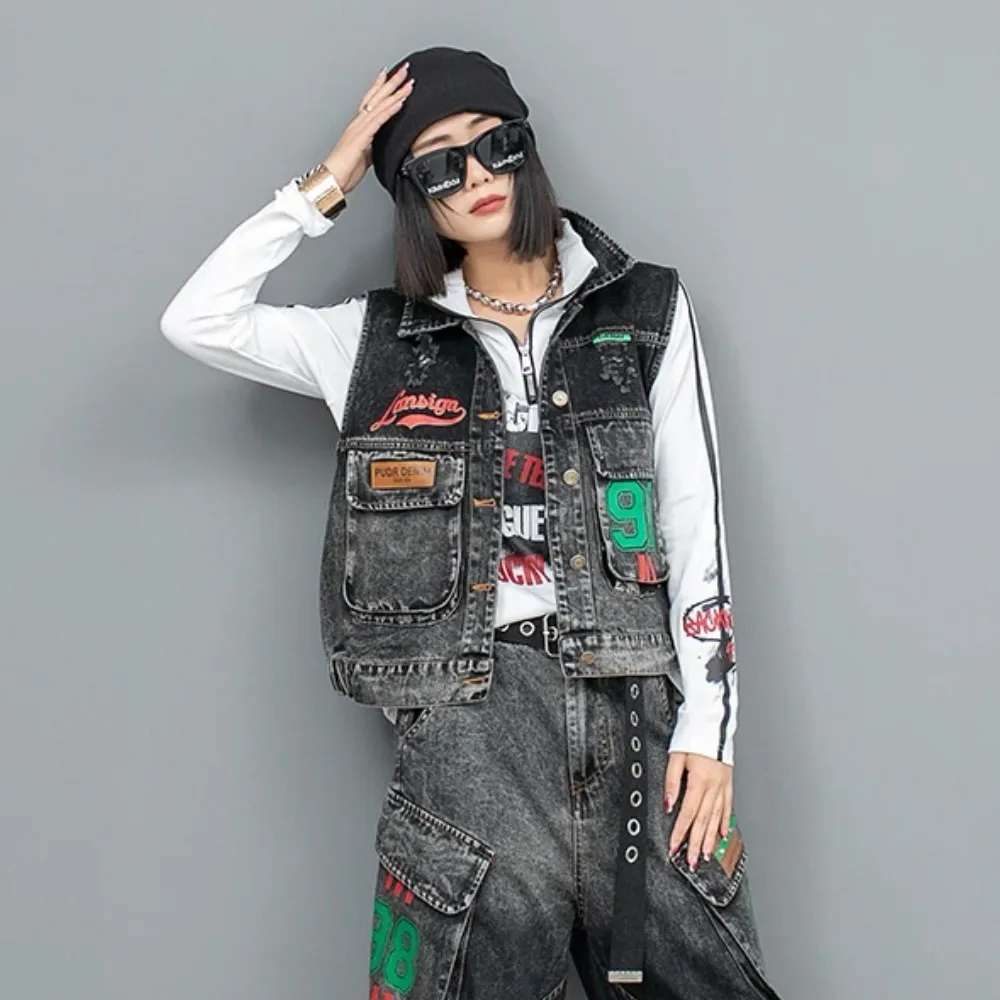 

2024 Spring Summer New Fashion Cool Personality Distressed Printed Denim Lapel Vest Women LX1047