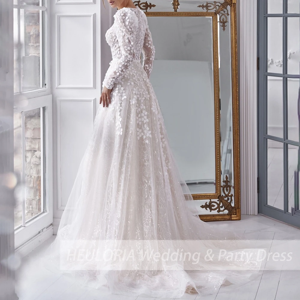 elegant O neck long sleeve 3D flower shinny lace wedding dress plus size robe de mariee Lace beading A line Wedding Bridal Gown