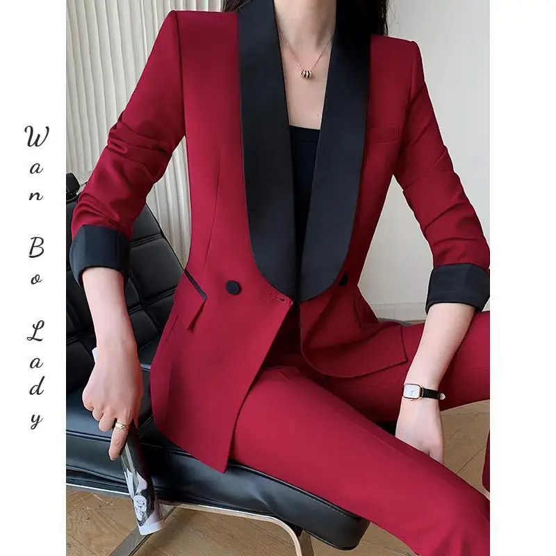 

3-E5 Burgundy suit for women, spring and autumn women's clothing, temperament, rity, professional, slim, high-end host, two-piec