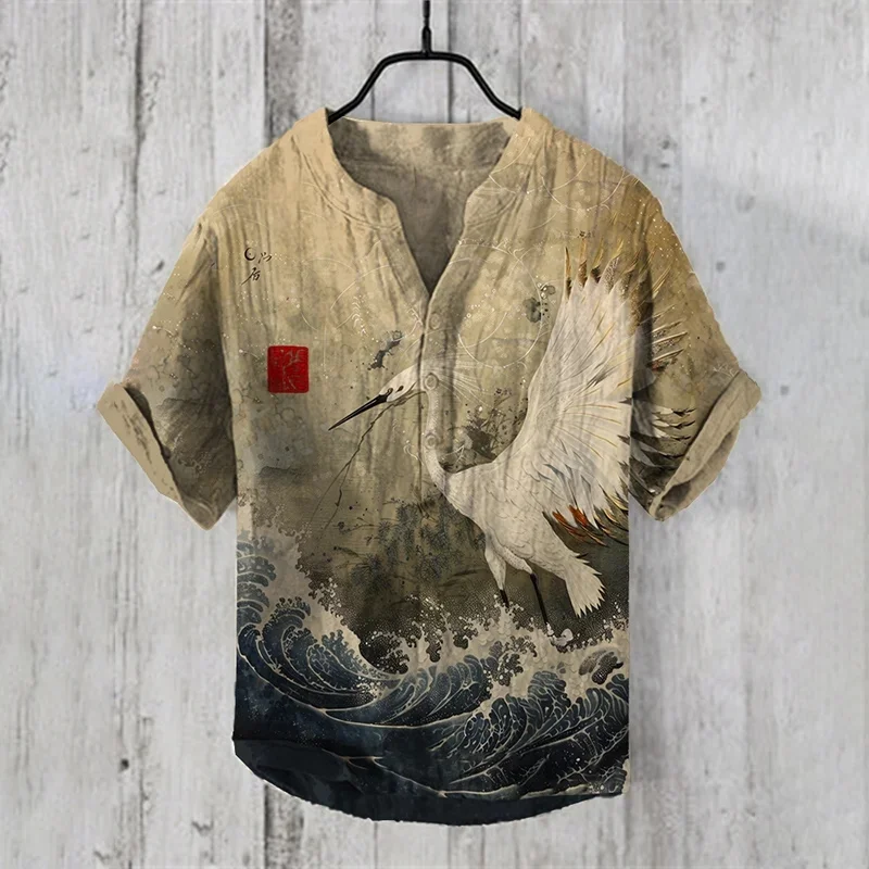 Chemise à manches courtes pour hommes, pull ample décontracté, chemise à boutons à col en V, illustration littéraire rétro 3D, tendance, printemps et été, nouveau