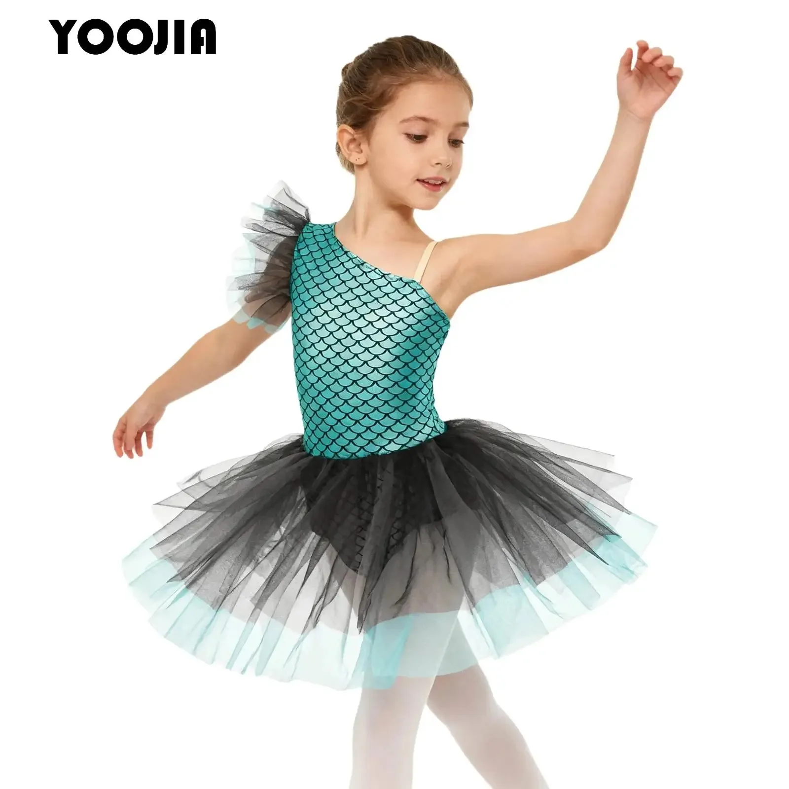 

Girls Fish Scales Gymnastic Leotard Figure Skating Bodysuit Metallic Shiny Mermaid Ballet Tutu Dress Halloween Mermaid Costumes