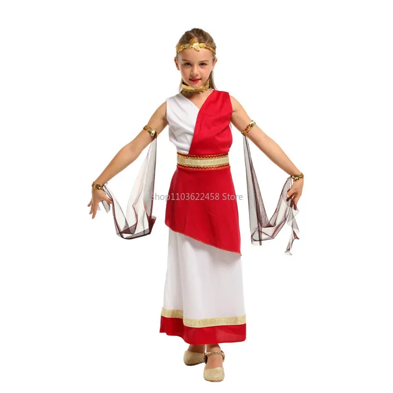 Kids Child Ancient Greek Goddess Costume Athena Cosplay Girls Roman Grecian Toga Dress Purim Halloween Book Week Party