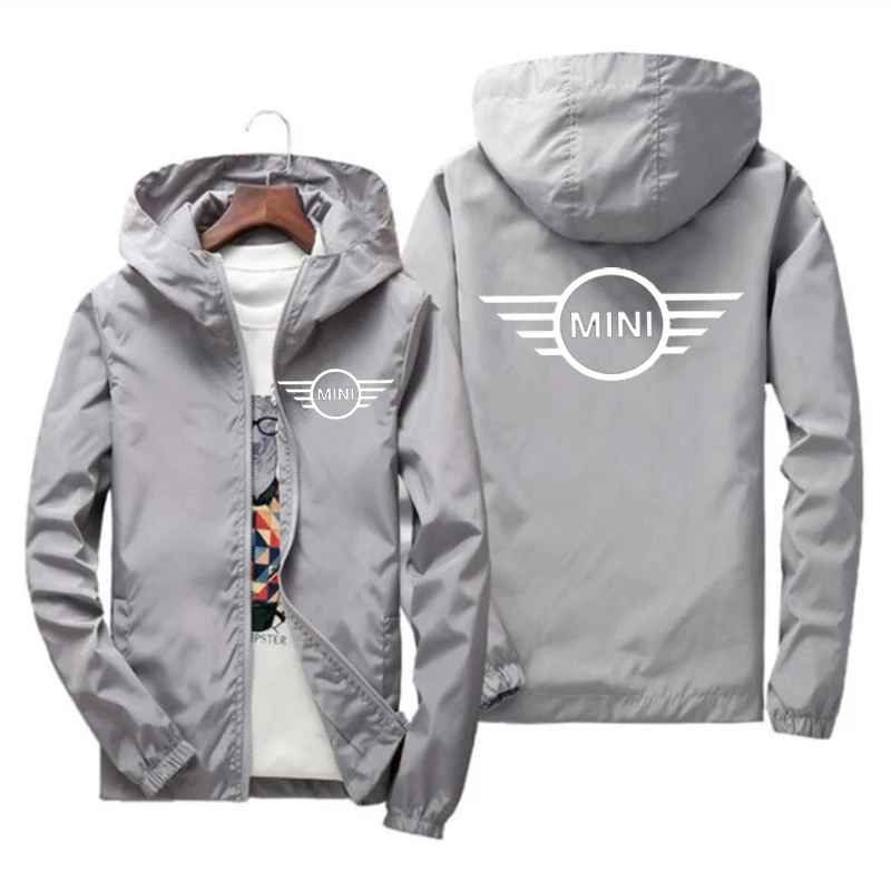 Jaqueta bomber com capuz masculina estampa Mini Cooper mais recente quebra-vento casual Xipper moda carro primavera e outono