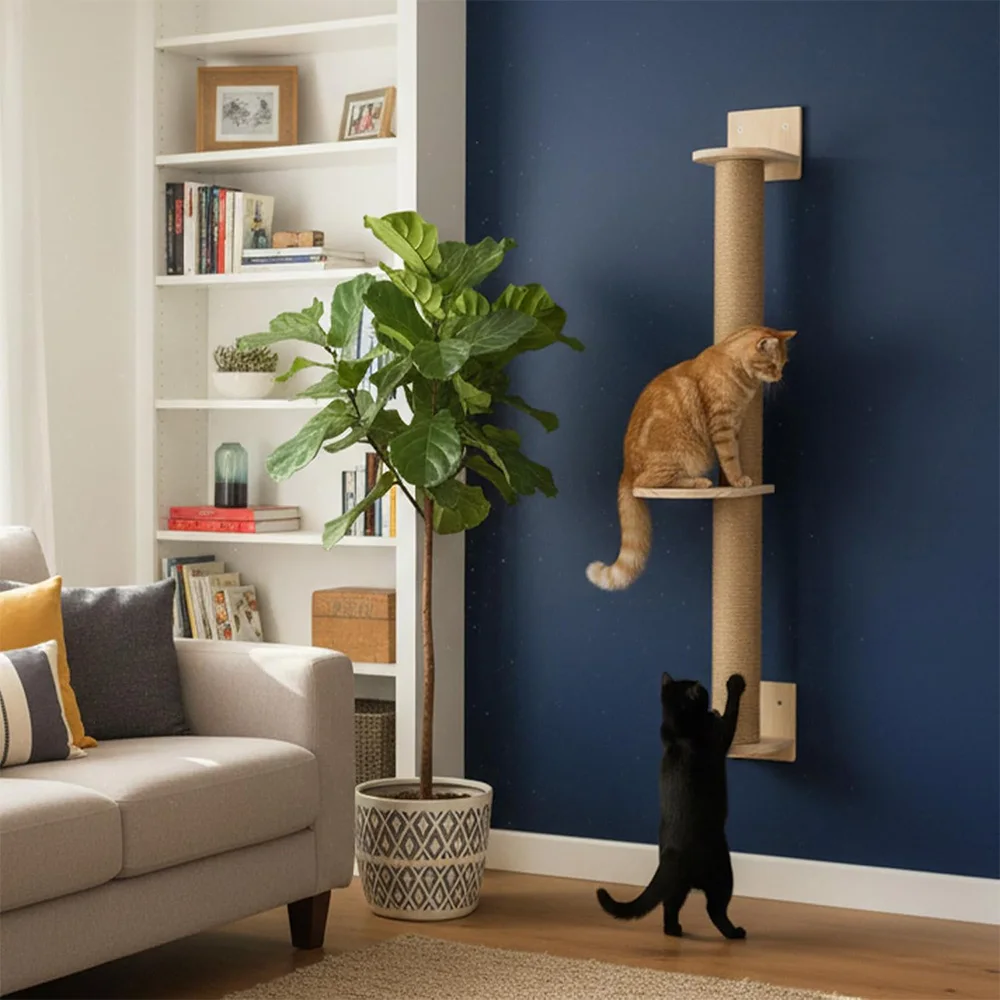 1Pc Wall Mounted Cat Scratching Post Wall Pet Furniture Wooden Sisal Rope Kitten Scratcher Tree Thicker Columns for Large Cats