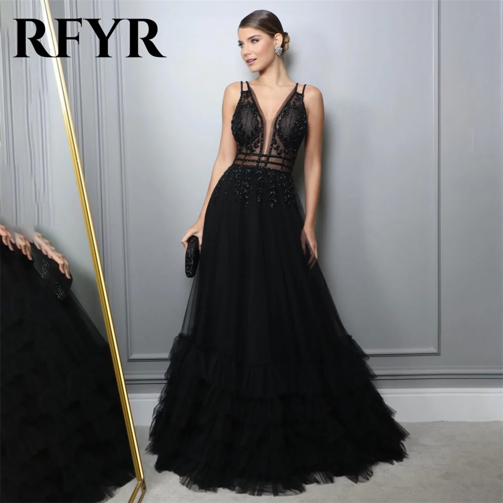 RFYR-Robes formelles bleues à bretelles spaghetti, robe de soirée à col en V profond pour mariage, appliques en dentelle, robes pour occasions spéciales personnalisées