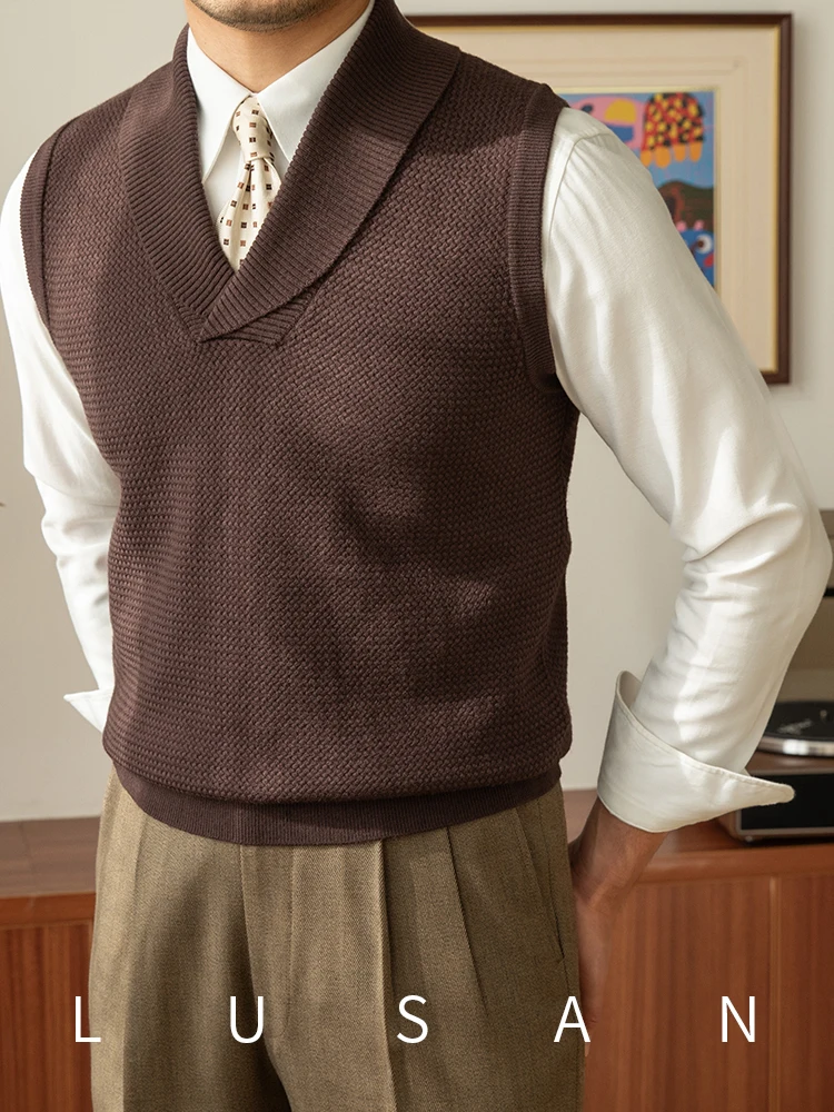 High-End Autumn and Winter Green Fruit Collar Woven Shirt Casual Retro Warm Sweater Vest Pullover Vest for Men