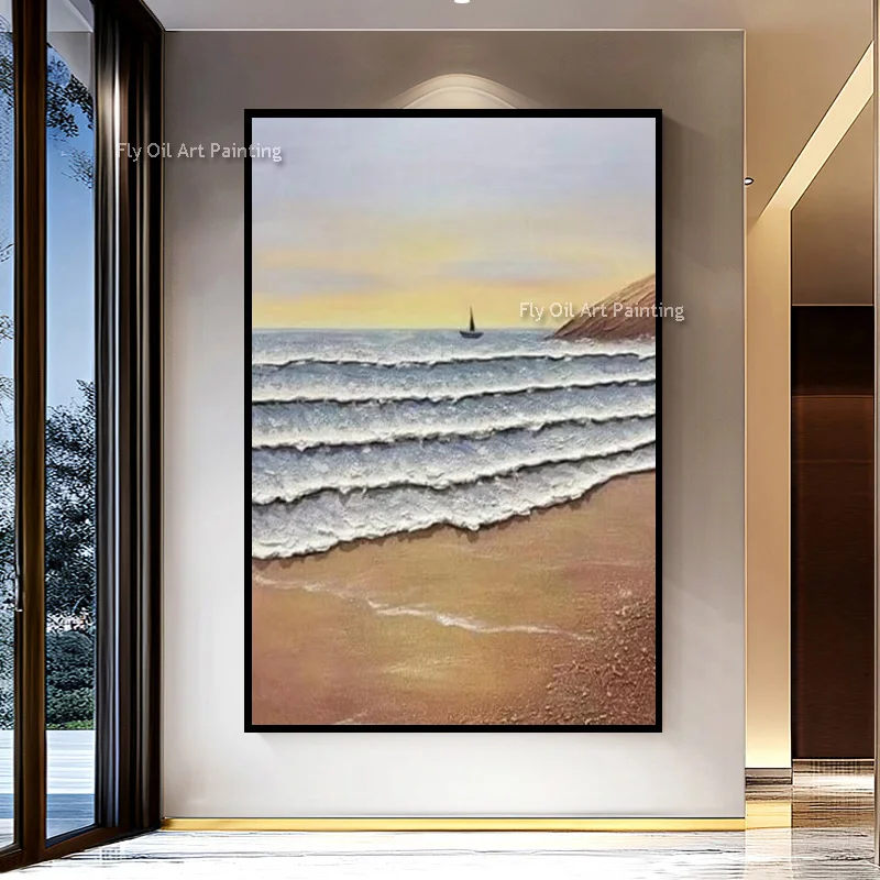 Large Handmade Blue White Seawave Sunset View Wall Art On Canvas Simple Fashional Design White Knife Thick Oil Painting Decor
