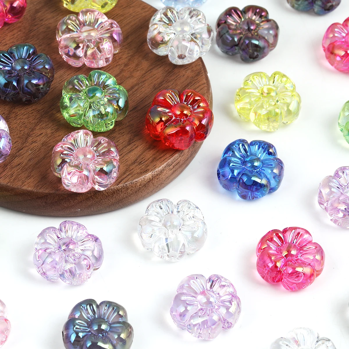 20pcs/40pcs Random Color UV Transparent Iridescent Flower Acrylic Beads, 19mm Five-Petal Flower Spacer Beads for DIY Bracelets