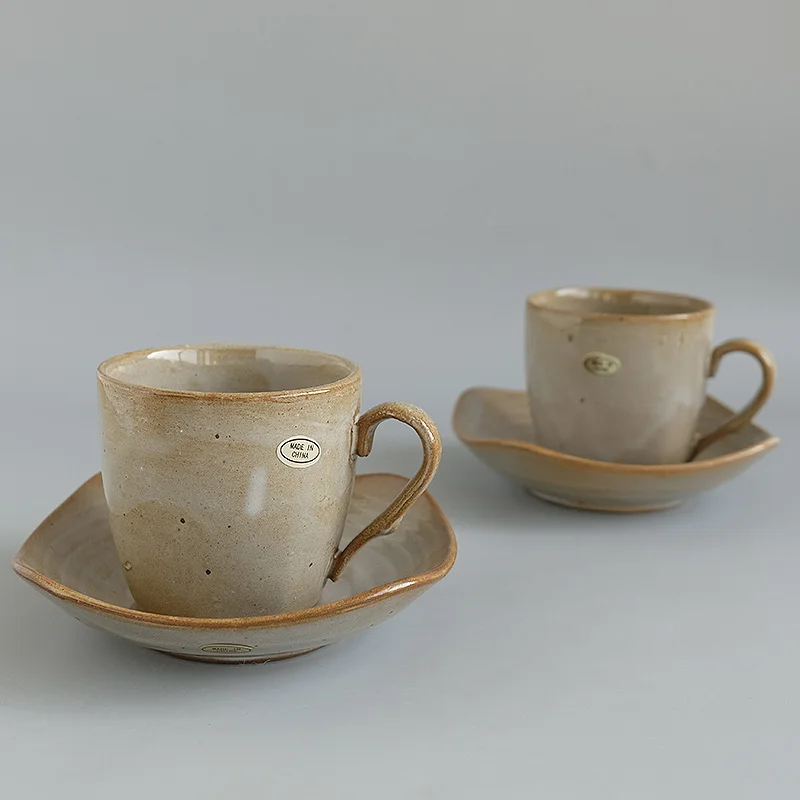 

250ml Japanese Retro Coffee Cup and Plate Set Made Old Rough Pottery Ceramic Mugs Kiln Transformed Milk Tea Cups Saucer Sets