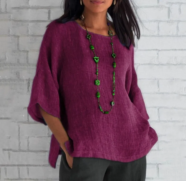 Plus Size Cotton Blouse Shirts Summer O-Neck Three Quarter Loose Casual Blouse Tops Summer Cothes For Women Streetwear