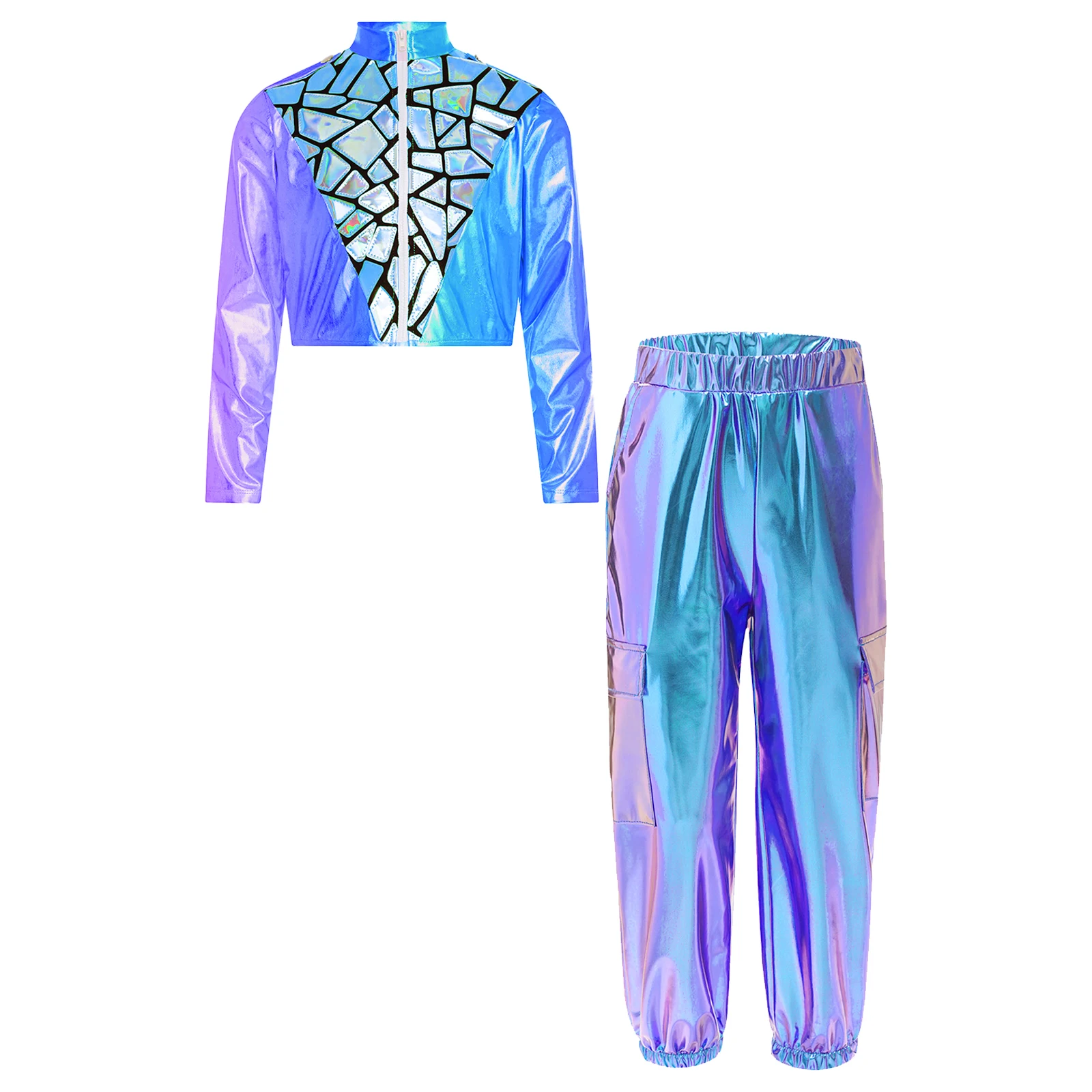 

Kids Boys Girls Hip-Hop Jazz Dance Outfit Stand Collar Long Sleeve Zipper Shiny Sequins Metallic Cropped Jacket+Cargo Pants 2Pcs