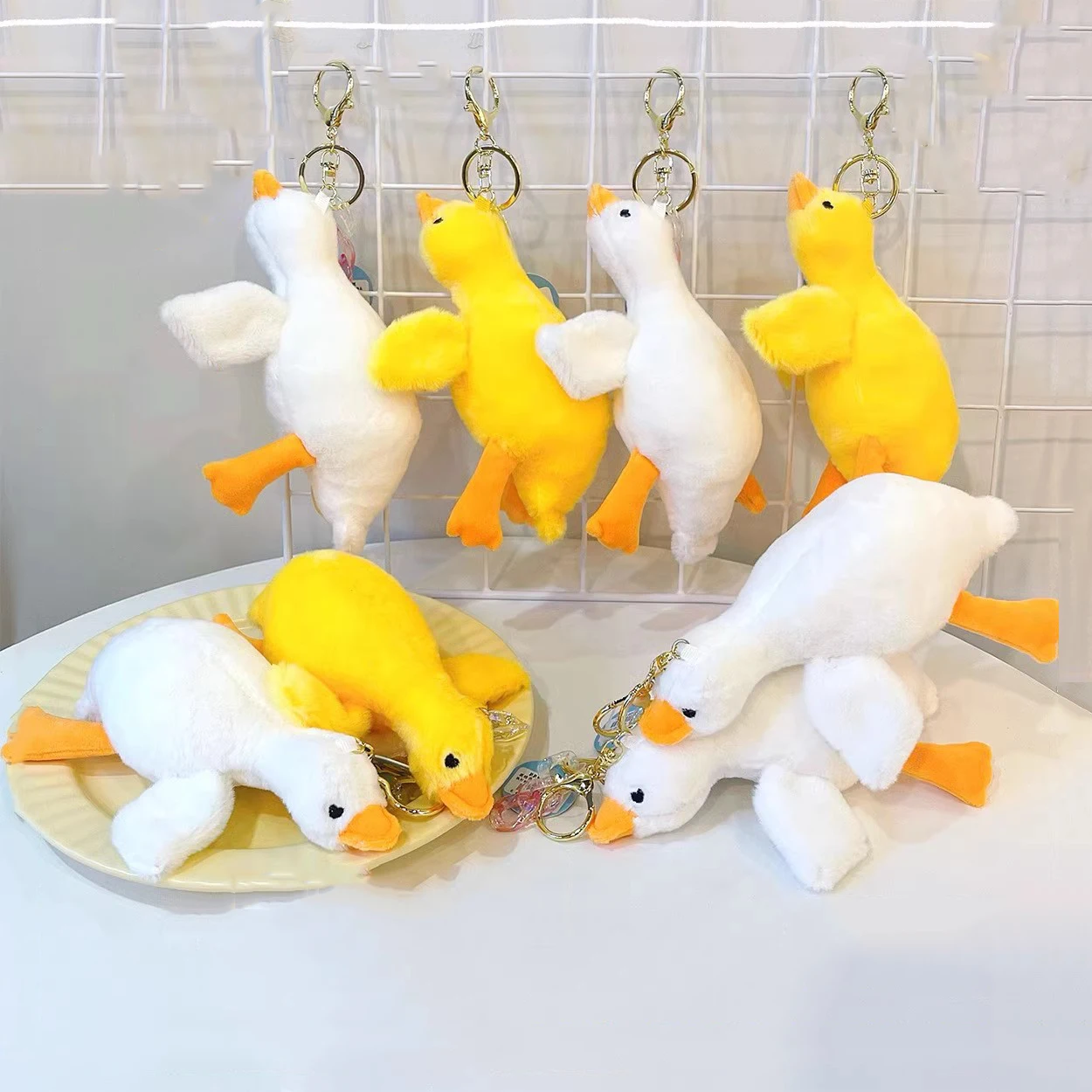 Simulated Animal White Goose Yellow Wild Swan Pendant Bag Decoration Key Ring Chain Plush Toy Stuffed Doll Boy Girl Friend Gift