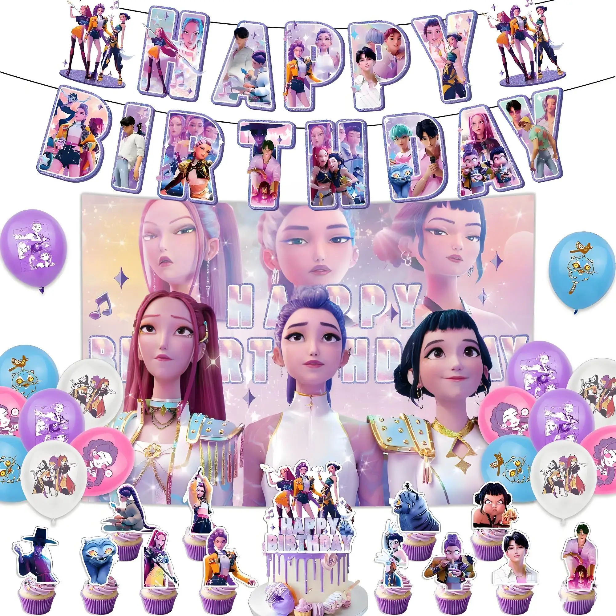 Set di decorazioni per feste di compleanno Kpop Demon con banner, bandiere per torte, palloncini per ragazze