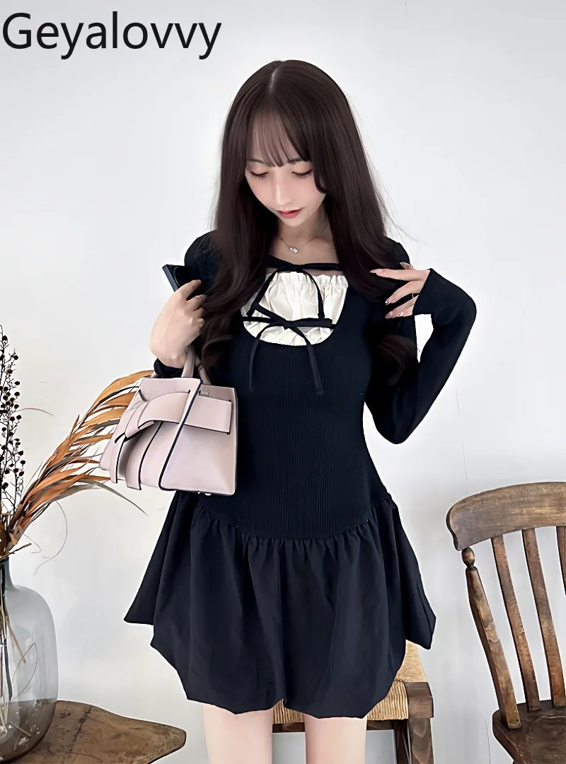 

2026 весеннее новое японское милое универсальное платье с длинными рукавами для девочек с галстуком-бабочкой и рюшами, утягивающее короткое платье с цветочным бутоном