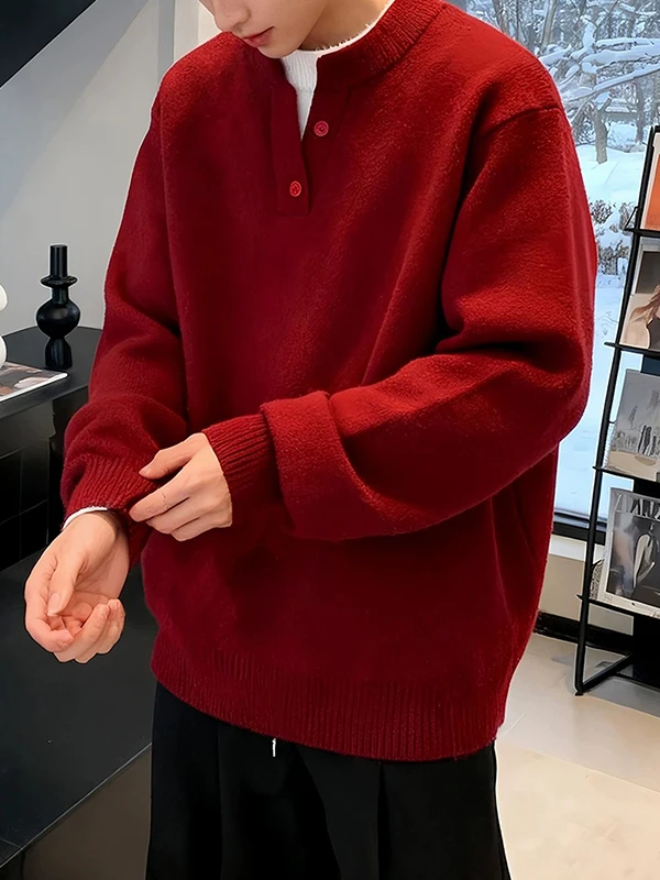 Thickened Henry Collar Knitted Sweater Men's Winter Base Layer Shirt Couple Matching round Neck Pullover Casual Style Polyest...