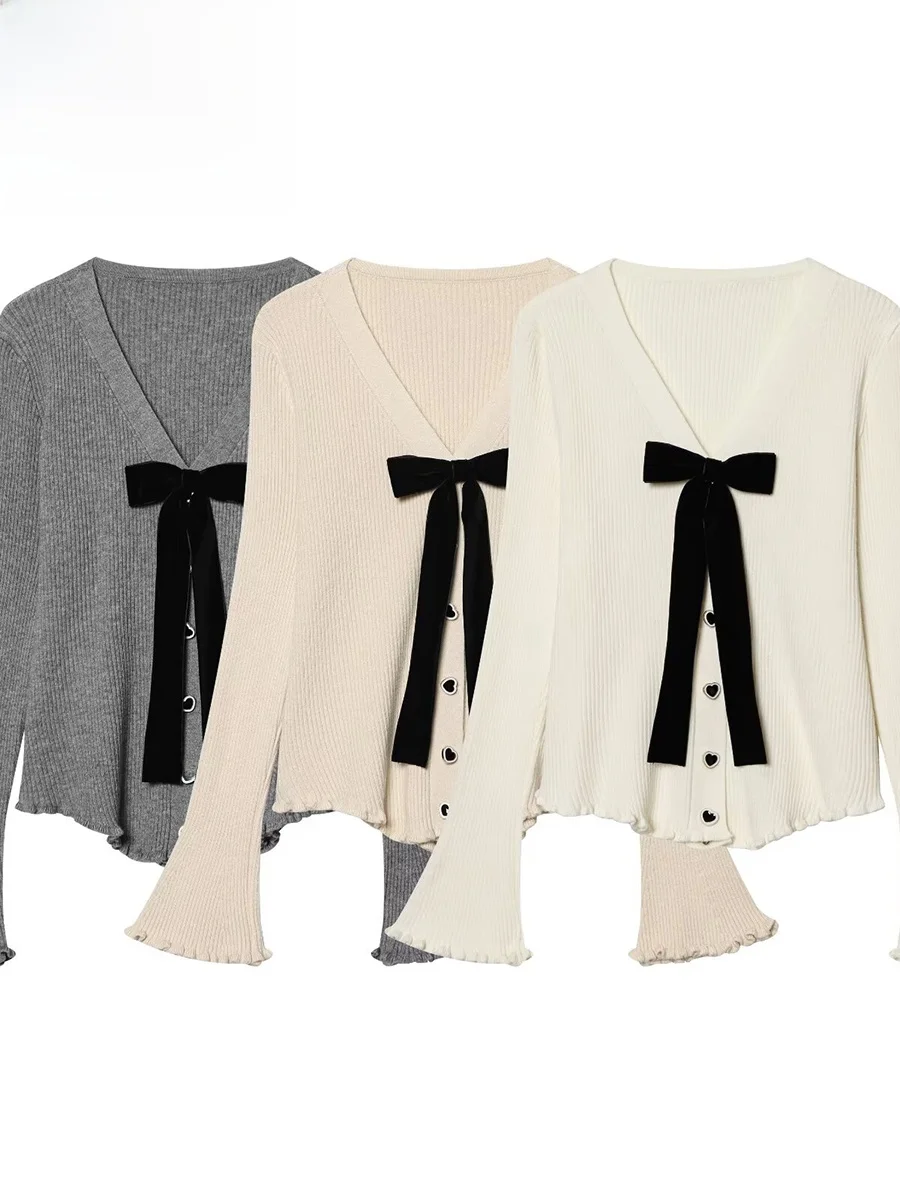 

ZARK Fashionable Knitted Open Cardigan Women's Spring New Style Knot Heart Shaped Button Slim Fit V-Neck Long Sleeve
