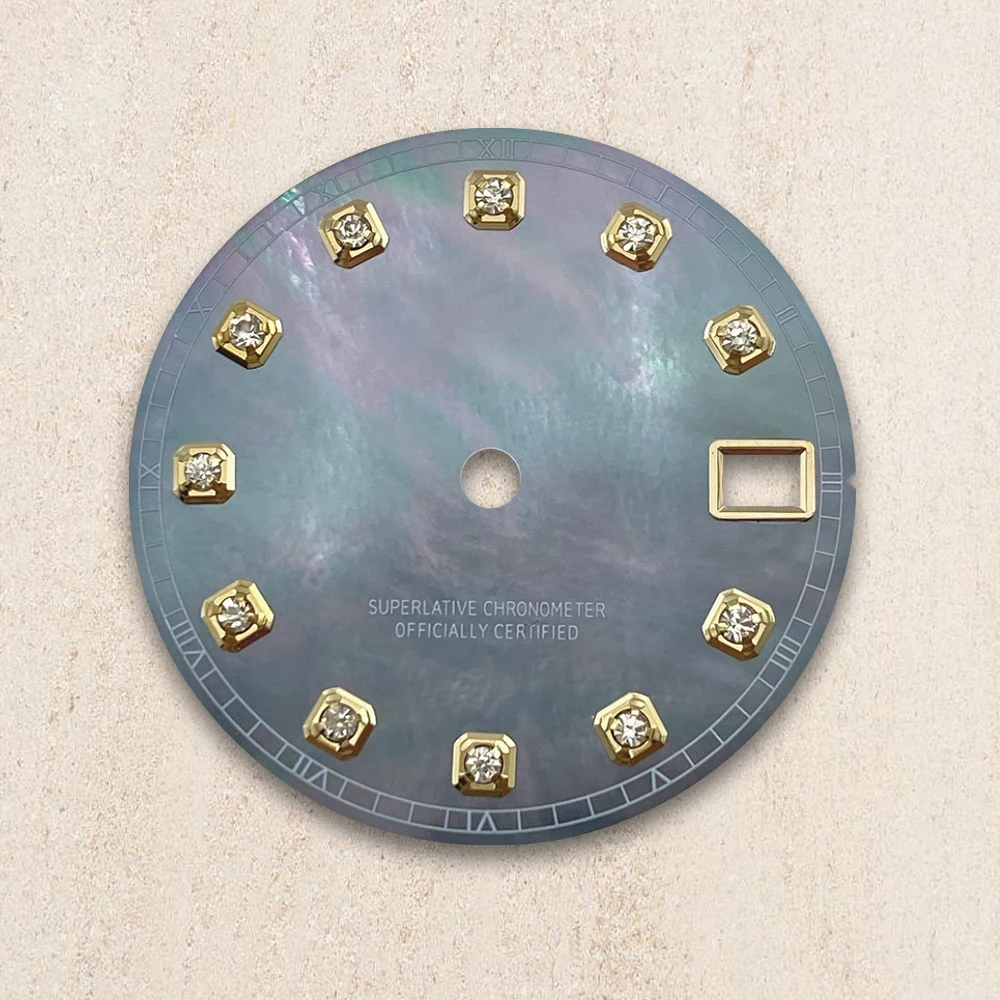 28.5mm S Logo Dial Pearl Shell Diamonds Suitable For NH35/NH36 Automatic Movement Watch