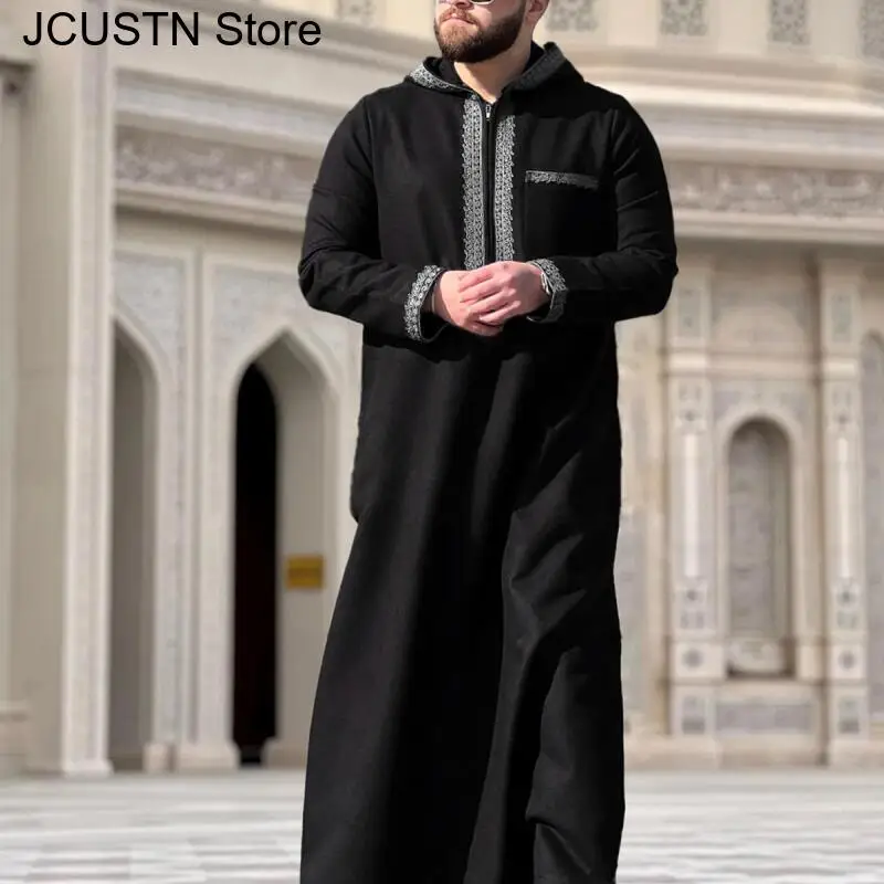 Muslim Men's Robes Hooded Embroidered Robes Arabic Thobe Ethnic Style Traditional Casual Thawb Islamic Prayer Clothes Moroccan