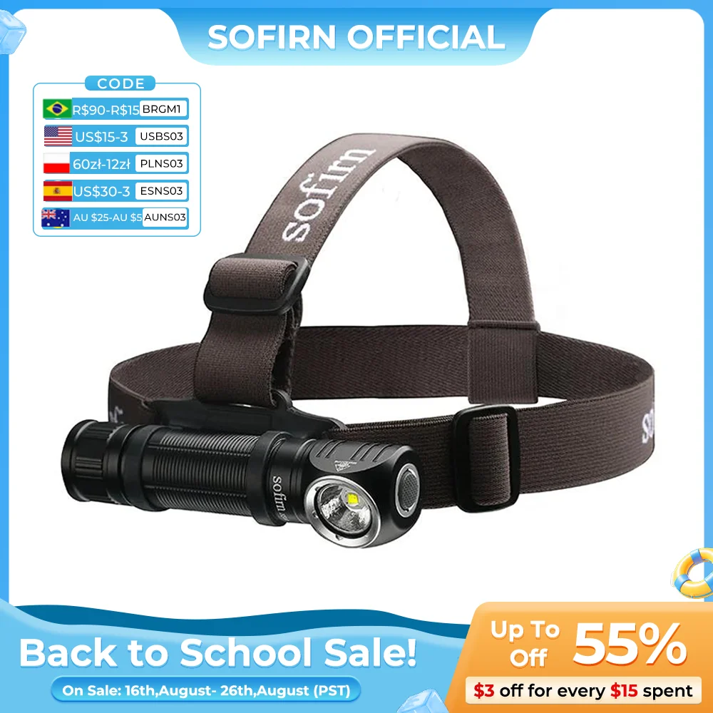 Sofirn HS40 USB C wiederaufladbare Stirnlampe 18650 superhelle SST40 LED-Taschenlampe 2000 lm Taschenlampe mit 2 Modi Betriebsanzeige