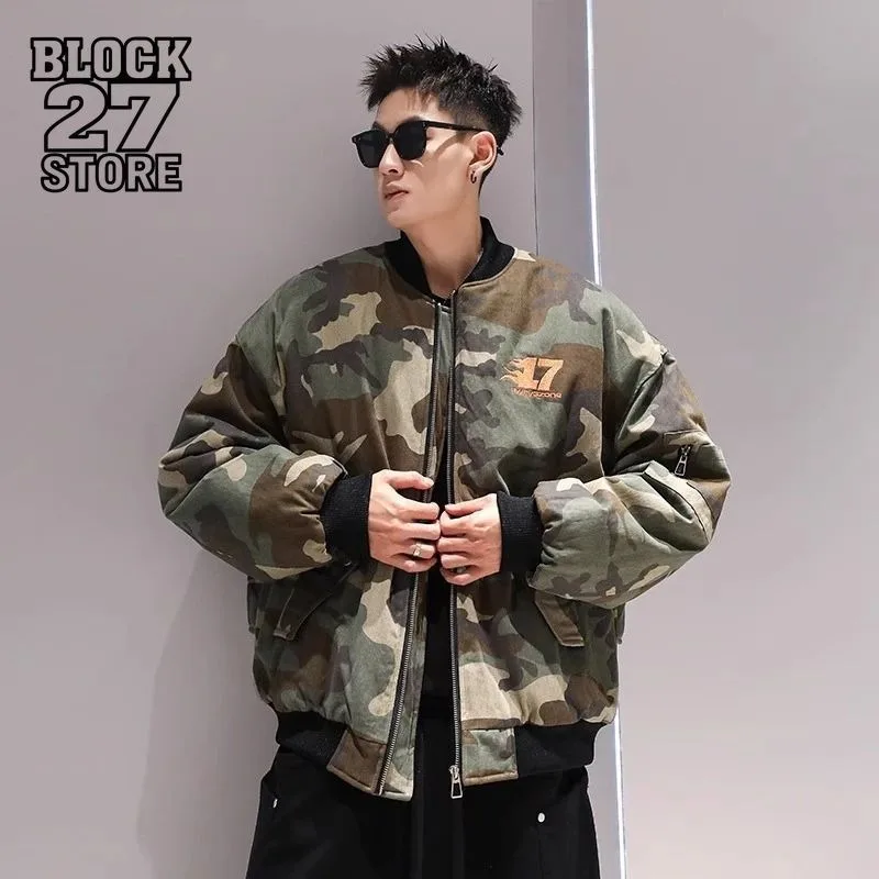

Mens Jacket American Vintage Loose Baseball Winter Thick Warm Camouflage Cotton Padded Coat Casual Streetwear Harajuku Fashion
