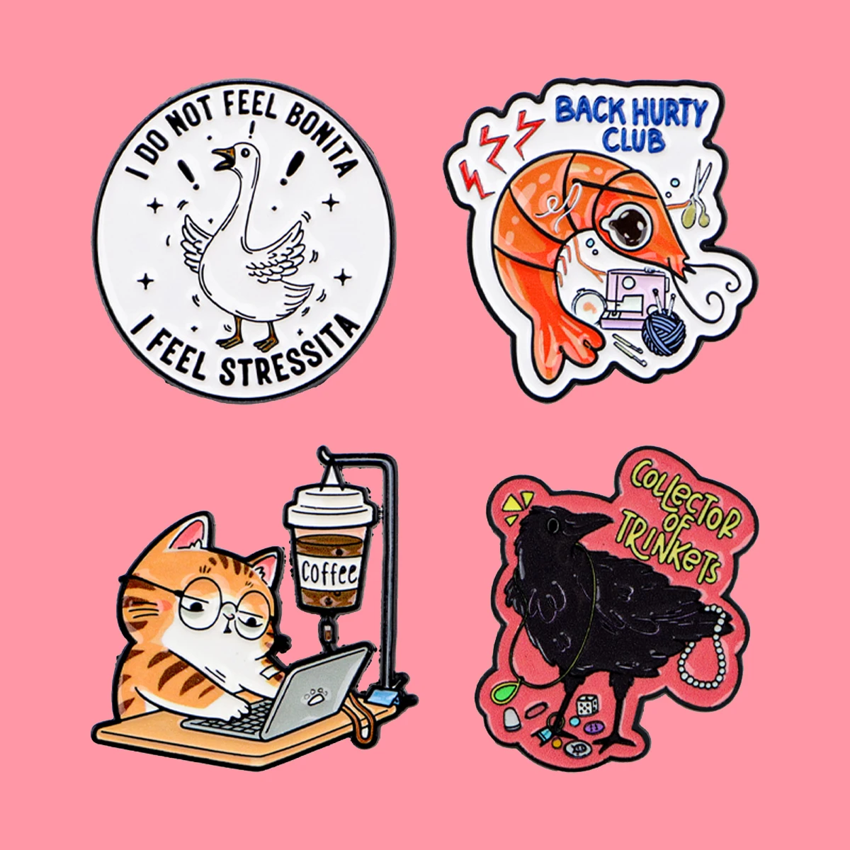 BACK HURTY CLUB Shrimp Quotes Enamel Pin Cats Coffee Animals Cow Goose Brooch Lapel Pins Badge Accessories Fashion Jewelry Gifts