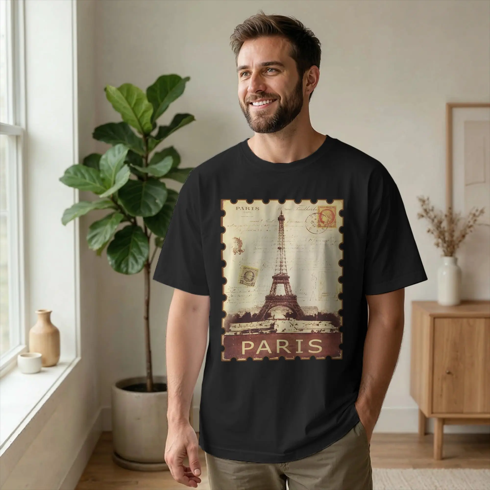 Men T-Shirts Eiffel Tower Stamp The Right Paris Vintage Cotton Tee Shirt Short Sleeve France Souvenir T Shirt Round Neck merch