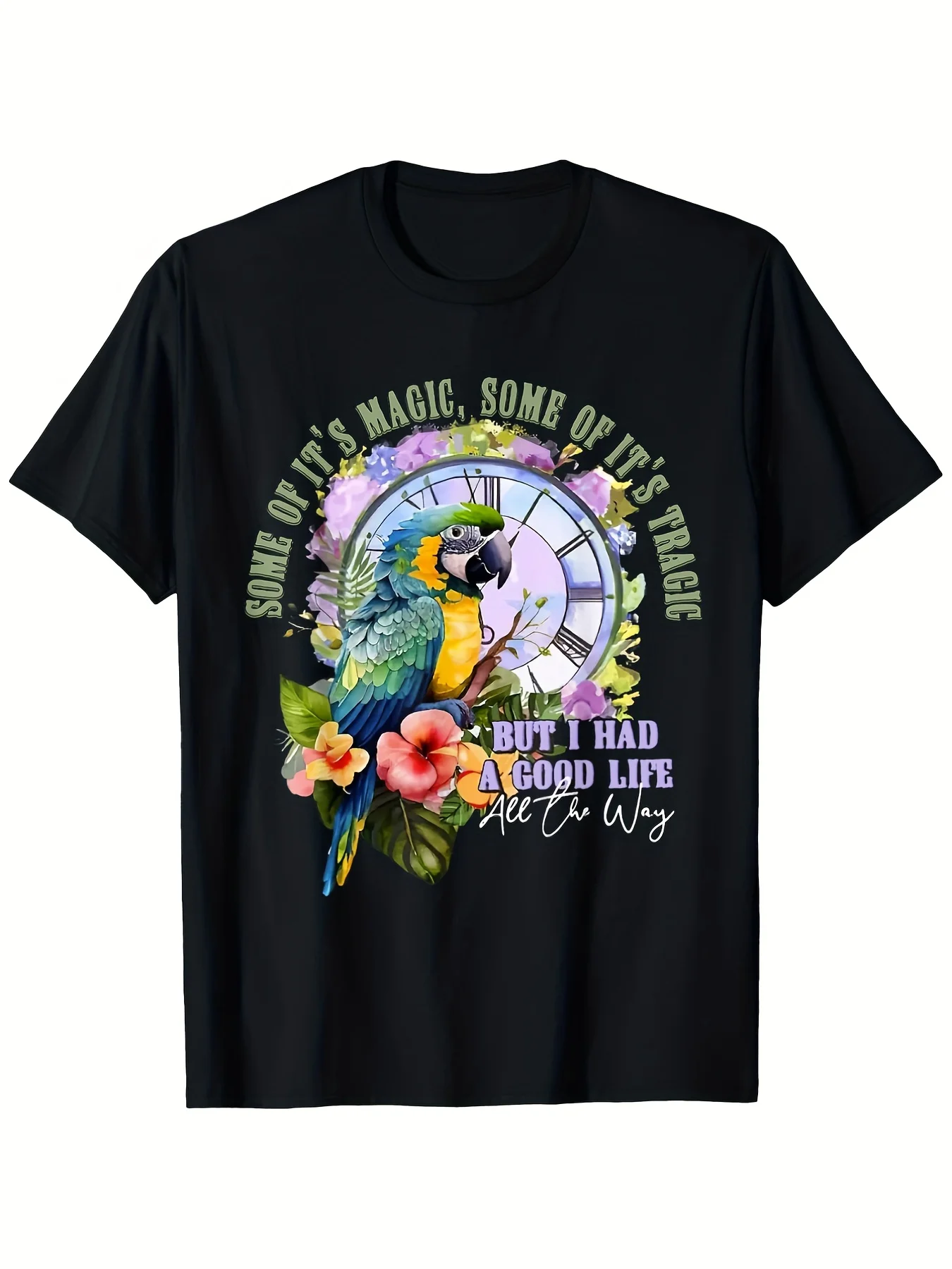 Some Of It's Magic Some Of It's Tragic Parrot Funny Quote T-Shirt Round Neck Cotton Black T-Shirt for Women Men Short Sleeve T-Shirt Shirts Men Women T-Shirts, Seasonal Casual and Trendy Men, Round Neck High Street Pure Cotton Short-sleeved T-shirt
