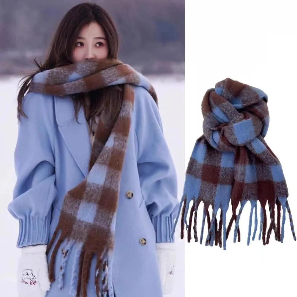 

Retro Warm Winter Cashmere Scarf Soft Stripe Pattern Long Tassel Scarves Mohair Plaid Thickened Shawl Wrap Women