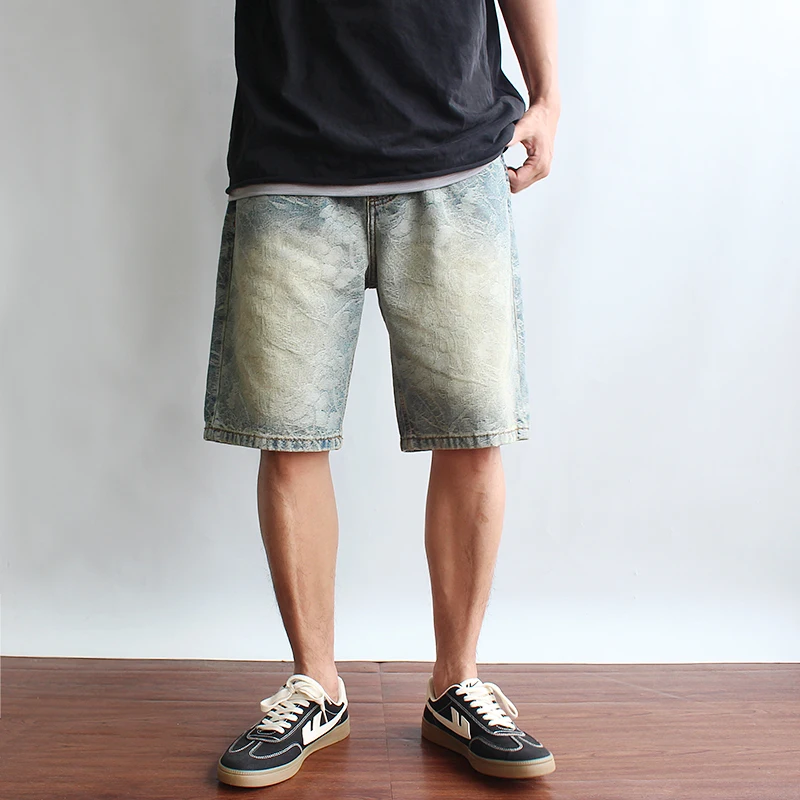 

Retro American Waed Denim ort Pants Men's Trendy y Casual Jeans Five-Point Pants Floral Embroidery Heavyweight Wear...