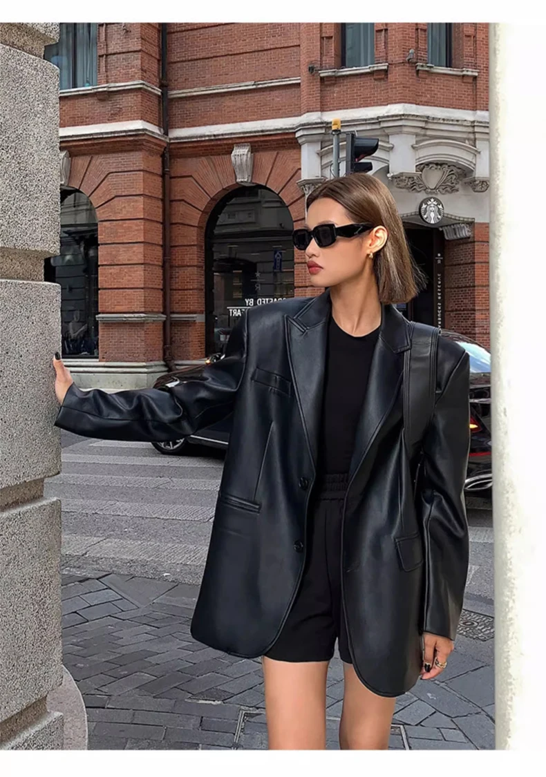 Lautaro Autumn Black Brown Soft  Pu Leather Blazer Women Shoulder Pads Long Sleeve Single Breasted Loose Casual Korean Fashion