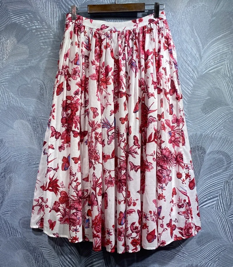 

100%Cotton Long Skirts 2024 Spring Fashion Women Colorful Butterfly Floral Prints Big Swing Casual Party Club Skirts Clothing