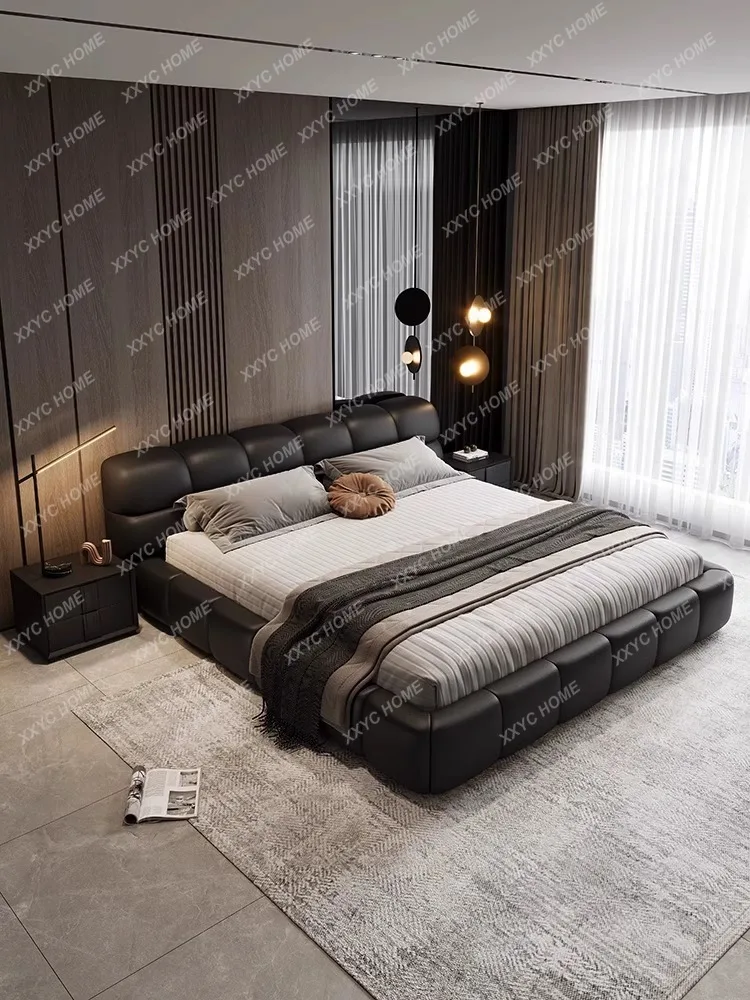 Puff bed Cream light luxury modern cloth bed 2023 new small apartment master bedroom double black nappa leather art bed