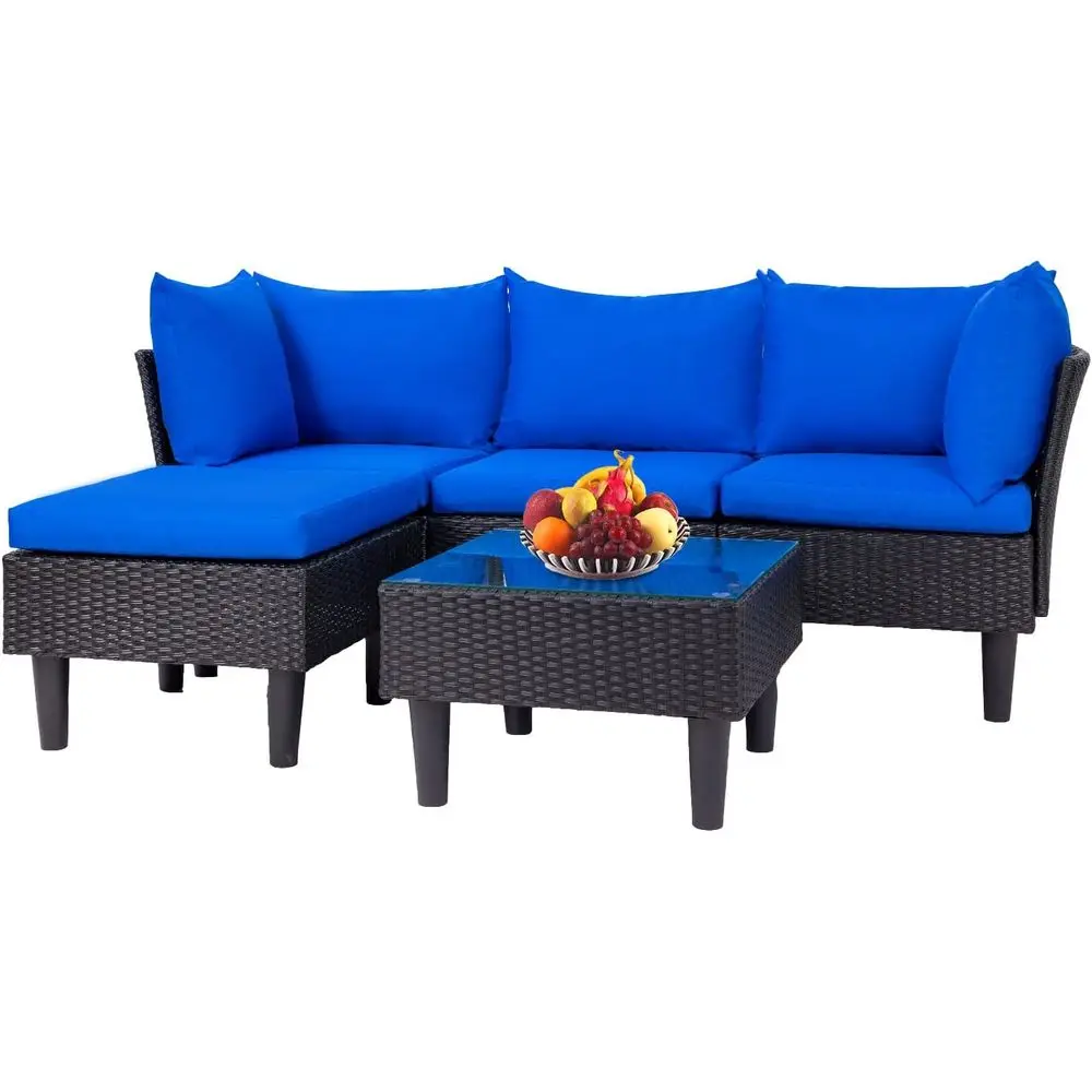 

Blue Cushioned Outdoor Patio Furniture Set: 5-Piece Sectional Sofa Wicker Rattan with Coffee Table for Backyard, Porch, Poolside